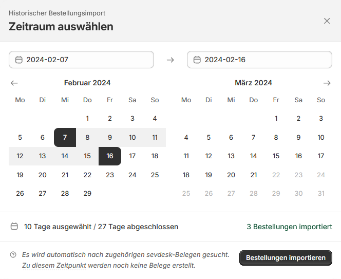 Ansicht des historischen Bestellungsimport