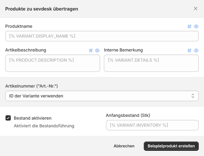 Ansicht des Assistenten zur Produktübertragung